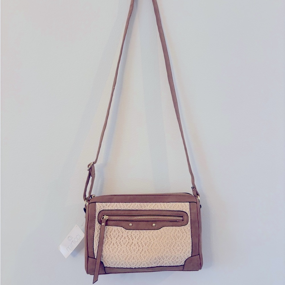 NWT Minicci Brown and Cream Crossbody Bag with Textured Panel - Picture 2 of 9